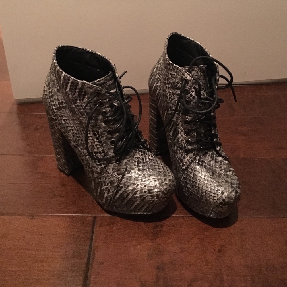 Chunky heel snake skin booties